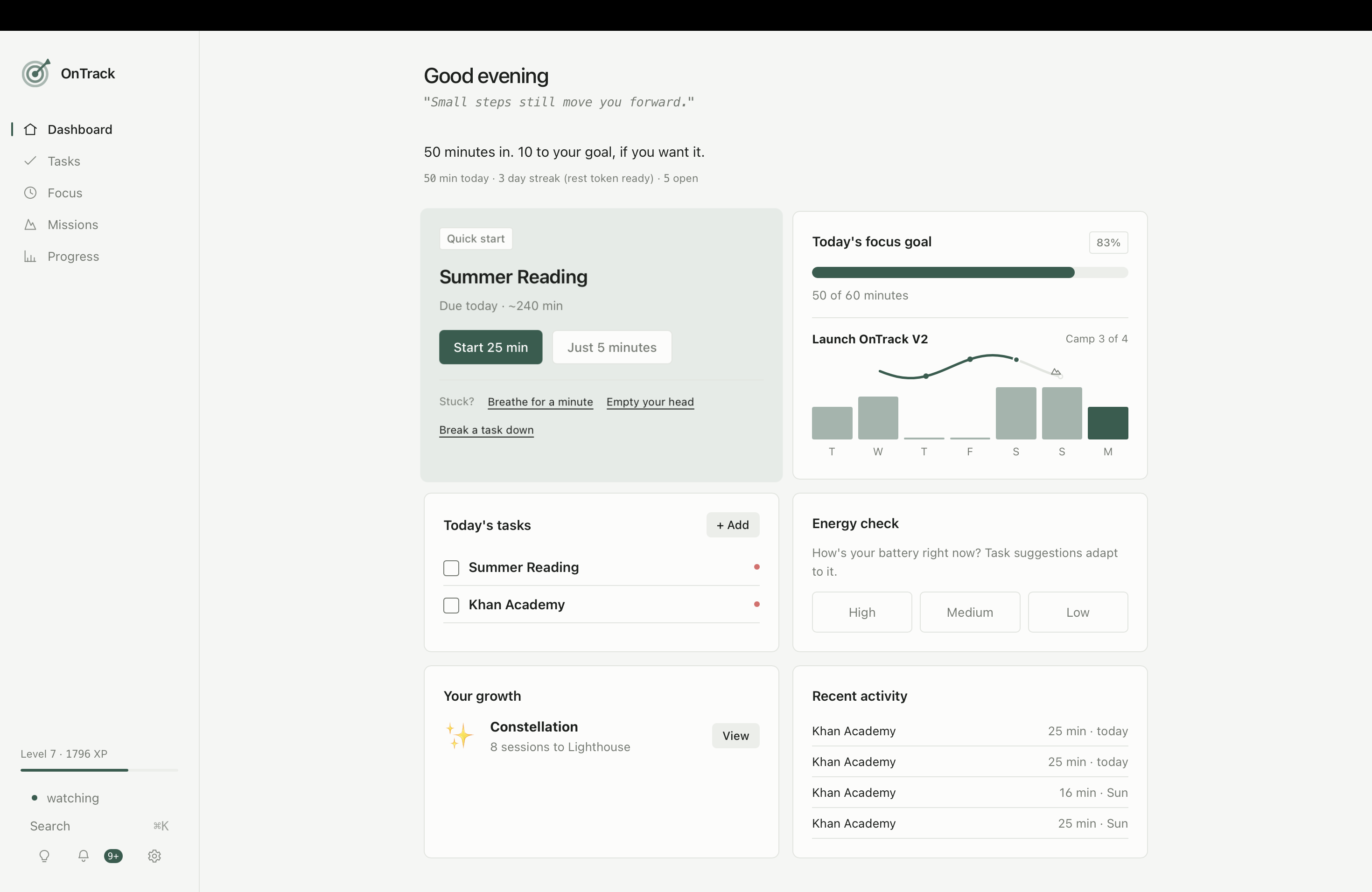 The OnTrack dashboard, showing one suggested task and today's focus goal
