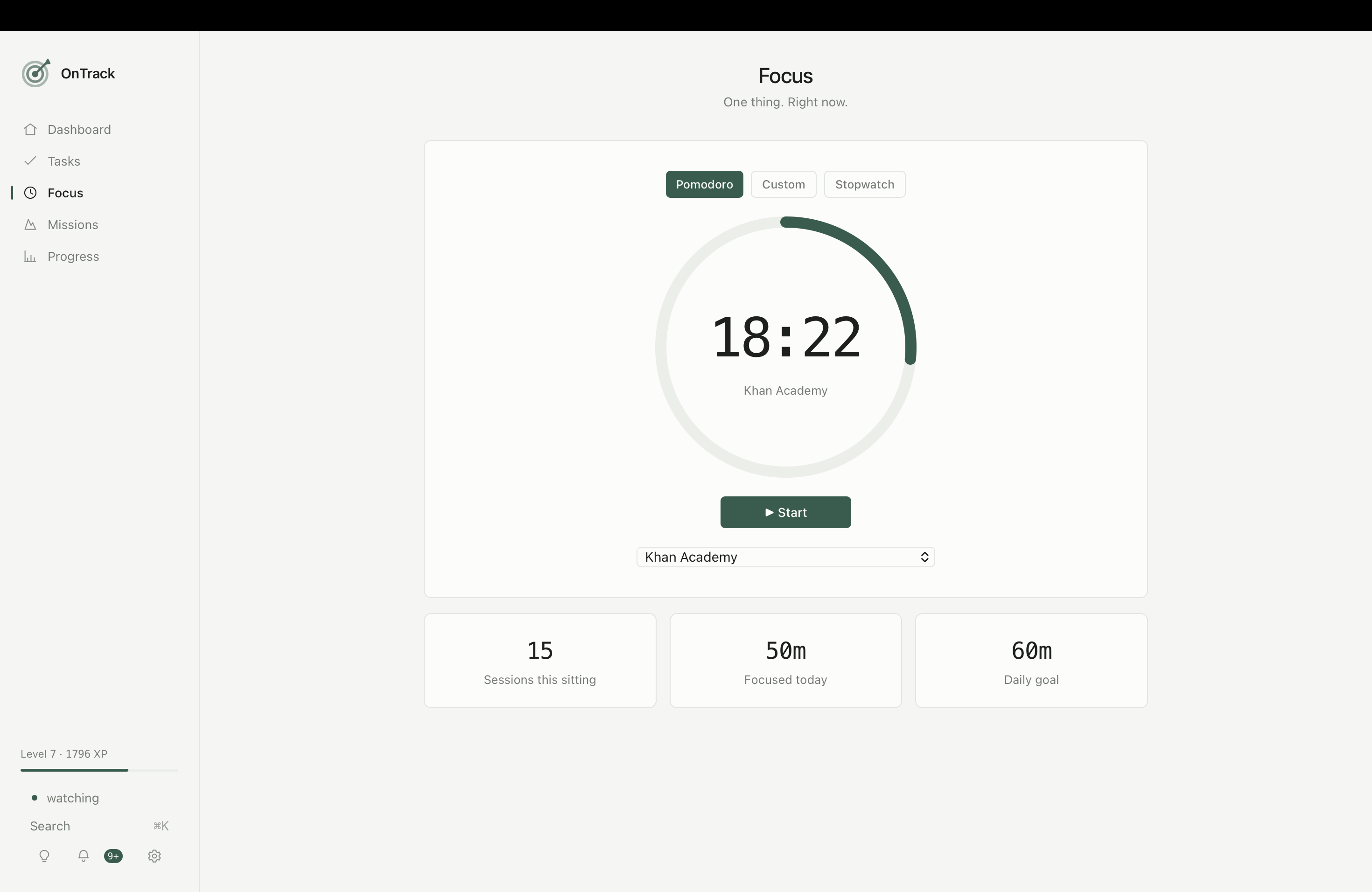 The OnTrack focus timer partway through a session